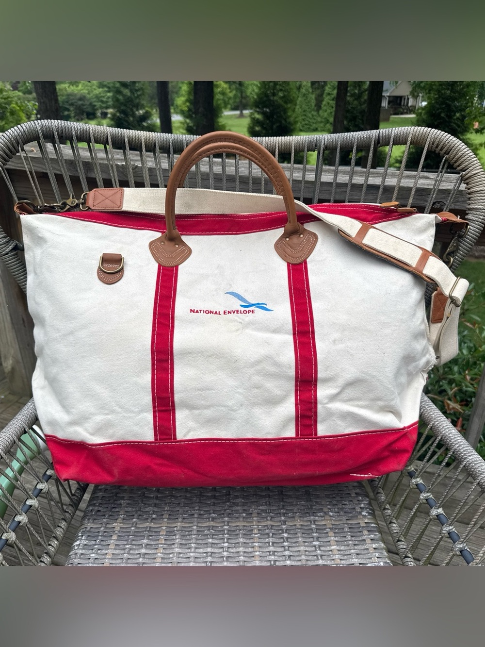 Vintage LL Bean Boat & Tote Leather Canvas Red Weekender Duffle Zip Strap Bag XL